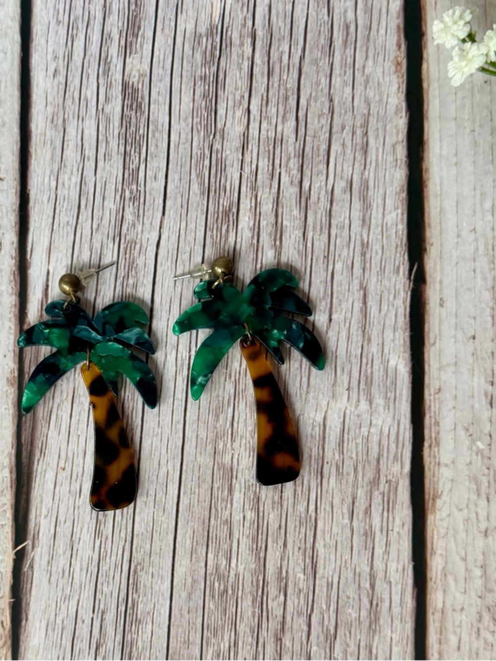 Tortoiseshell & Green Palm Tree Dangle Earrings